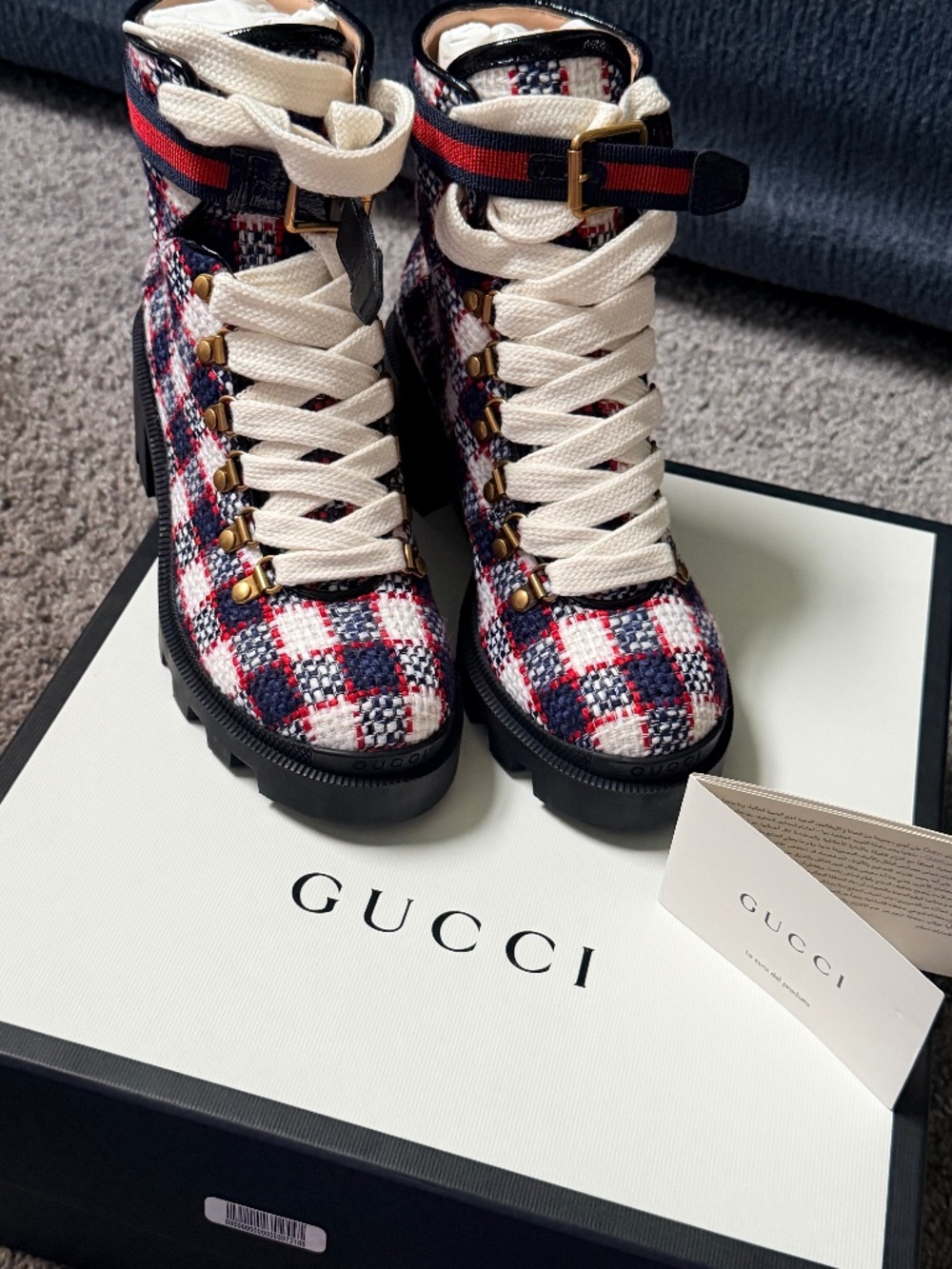 Gucci Plaid Tweed Ankle Combat Boots - Size 37.5 (US 7.5) with Box
